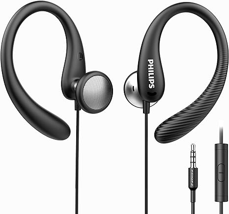 PHILIPS Over The Ear Earbuds, Flexible Wrap Around Earbuds, Around Ear Headphones with Mic Behind The Ear Headphones, Perfect for Sports, Running, Exercise, Gym (Black)