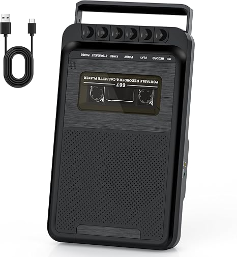 Portable Cassette Player, Cassette Tape Recorder via Bluit-in Microphone, Supports External Microphone Input, Cassette Tape Player Recorder with Retractable Handle,Headphone Jack,Big Speaker