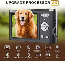 Load image into Gallery viewer, 4K Digital Camera for Photography, 48MP Vlogging Camera with SD Card, 3&#39;&#39; IPS Screen Compact Camera with Flash, 18X Digital Zoom Travel Camera (2 Batteries)
