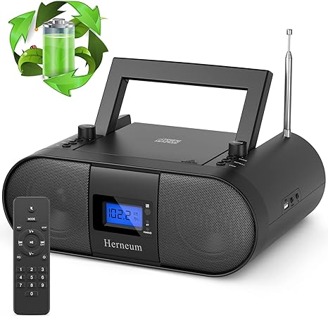 CD Player Portable, FM Radio with Dual Stereo Sound System, Rechargeable Bluetooth Boombox with Remote Control, Playback CD/CD-R/CD-RW/MP3, Support USB & AUX-in, Headphone Output