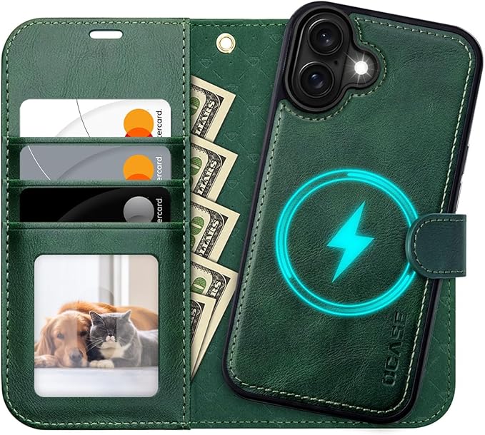 OCASE for iPhone 16 Case Detachable Wallet Case with Card Holder, 2 in 1 Pu Leather Flip Folio with RFID Blocking Stand Wrist Strap Shockproof Phone Cover 6.1 Inch 2024, Blackish Green