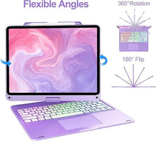 Load image into Gallery viewer, Swivel Wireless Keyboard Case for iPad Pro 12.9 (6th/5th/4th/3rd Gen), Rainbow Backlits &amp; Multi-Touch Trackpad, Magic 360° Rotatable Protective Keyboard Cover with Pencil Holder, Thin &amp; Light - Purple
