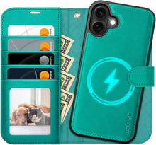 Load image into Gallery viewer, OCASE for iPhone 16 Plus Case Detachable Wallet Case with Card Holder, 2 in 1 Pu Leather Flip Folio with RFID Blocking Stand Wrist Strap Shockproof Phone Cover 6.7 Inch 2024, Blue Green
