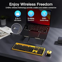 Load image into Gallery viewer, Wireless Keyboard and Mouse Combo, Soueto 2.4G Full-Sized Computer Keyboard with Phone Tablet Holder, 22 Multimedia Shortcuts, Numeric Keypad, 6 Button Silent Mouse for Windows, Mac (Yellow)
