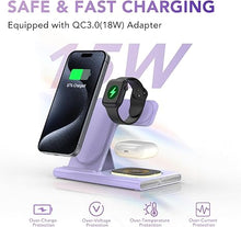 Load image into Gallery viewer, 3 in 1 Foldable Charging Station for Apple Products,Fast Wireless Charger Travel Dock Adapter&amp;Light for iPhone 16/15/14/13/12/11/X/XS,for iWatch 10/9/8/7/Ultra2/Ultra,for AirPods 4/3/2/Pro/2(Purple)
