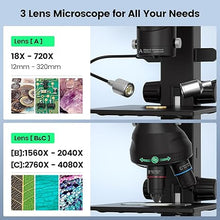 Load image into Gallery viewer, JL246PS 3 Lens HDMI Digital Microscope, UHD 4000× 24MP Biological Microscope with Prepared Slides, Coin Microscope for Full-Size Coin Error Coins, 7&#39;&#39; LCD Screen, Windows PC Compatible, 32GB
