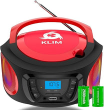 Load image into Gallery viewer, KLIM Boombox Portable Audio System - New 2024 - FM Radio CD Player Bluetooth MP3 USB AUX - Includes Rechargeable Batteries - Wired &amp; Wireless Modes - Compact and Sturdy - Red
