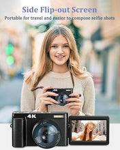 Load image into Gallery viewer, 4K Digital Camera with Flash &amp; Selfie, 48MP Camera for Photography with Autofocus 16X Zoom, Anti-Shake Vlogging Camera Compact Travel Digital Cameras with Flip Screen, 32GB Memory Card, Two Batteries
