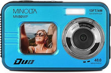 Load image into Gallery viewer, Minolta 48 Mega Pixels Underwater Digital Camera with Autofocus, 5K Video &amp; Dual LCD, Blue
