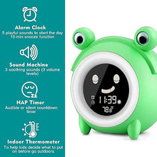 Load image into Gallery viewer, Kids Alarm Clock, Cute Frog Alarm Clock for Kids Bedroom, Toddlers Sleep Training Clock with Night Lights, Sound Machine, Indoor Temperature, Digital Wake Up Clock for Boy Girl Children Birthday Gifts
