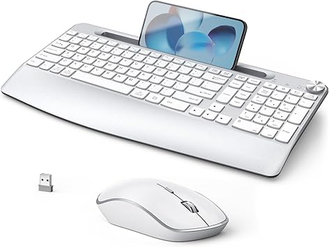 JOYACCESS Ergonomic Wireless Keyboard and Mouse, Ergonomic Wireless Keyboard with Phone Holder, Full Size Keyboard Designed with Wrist Rest,Volume Roller for Computer Mac PC Laptop-Silver