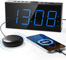 Load image into Gallery viewer, Loud Alarm Clock with Bed Shaker, Vibrating Alarm Clock for Heavy Sleepers Hearing Impaired Deaf Teens, Dual Alarm Clock with 7.5’’ Large LED Display, USB Charger, Dimmer, Snooze &amp; Battery Backup
