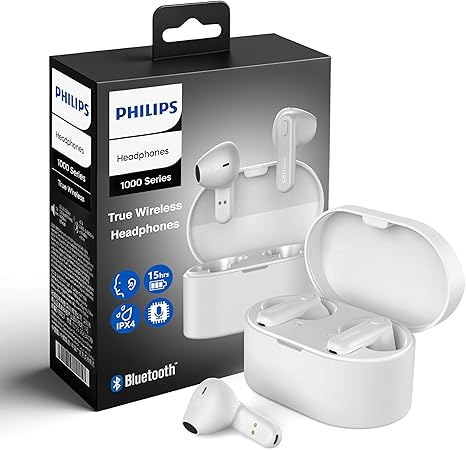 PHILIPS True Wireless Earbuds, TWS Bluetooth 5.3 Headphones, 13mm Drivers, AI Mic for Clear Calls, IPX4 Waterproof, 15 Hours Playtime, Compatible w/iPhone Android & Bluetooth Devices, TAT1138 White