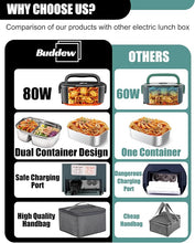 Load image into Gallery viewer, Buddew Electric Lunch Box 80W Food Heater with Dual Container, Portable Lunch Warmer for Adults, Upgraded Heated Lunch Box for Car/Truck/Office with SS Fork&amp;Spoon and Insulated Carry Bag (Black)
