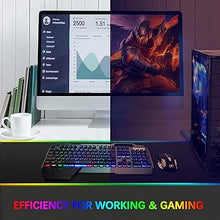 Load image into Gallery viewer, Wireless Gaming Keyboard Mouse &amp; Mouse Pad Combo,3 in 1 Rainbow Backlit Rechargeable Keyboard with 3800mAh Battery Metal Panel Removable Hand Rest,RGB Gaming Mouse Pad(32.5x12 inch),Mute Gaming Mice
