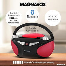 Load image into Gallery viewer, Magnavox MD6949 Portable Top Loading CD Boombox with AM/FM Stereo Radio and Bluetooth Wireless Technology in Black | CD-R/CD-RW Compatible | LED Display | (Black/Red)
