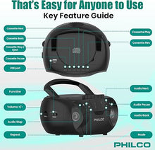 Load image into Gallery viewer, PHILCO Portable Bluetooth Boombox with CD &amp; Cassette Player | Cassette Recorder | Bluetooth Audio | MP3/WMA/CD-R/CD-RW Compatible | FM Radio | 3.5mm Aux &amp; Headphone Jack | AC/Battery for Portability
