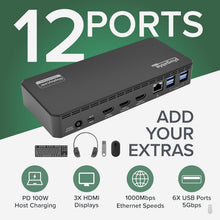 Load image into Gallery viewer, Plugable USB C Triple Display Docking Station | 100W PD, 3x HDMI (1x 4K 30Hz, 2x 1080p 60Hz), 6x USB 5Gbps Ports | Windows, macOS, ChromeOS Compatible - Enhance Productivity with Multi-Monitor Support
