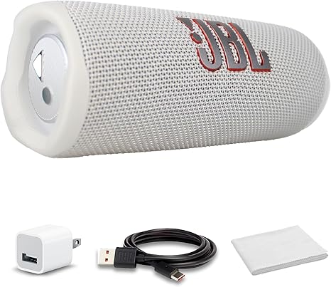 JBL Flip 6 Portable Bluetooth Speaker, deep bass, IPX7 Waterproof, for Home, Outdoor and Travel (White) (JBLFLIP6WHTAM) + USB Adapter + Microfiber Cloth