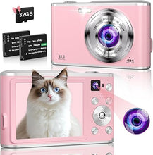 Load image into Gallery viewer, Digital Camera 4K 48MP Autofocus Vlogging Camera with Rear and Front Camera for Photography, 16X Digital Zoom Point and Shoot Cameras with 32GB Card &amp; 2 Batteries Camera for Boys Girls Kids - Pink
