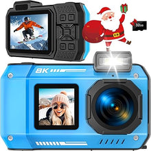 Load image into Gallery viewer, 8K UHD 70MP Digital Camera with 32GB Card Rugged Waterproof Dustproof Shockproof Dual-Screen Selfie 33FT Underwater Camera for Snorkeling Autofocus Point and Shoot Digital Camera (Blue)
