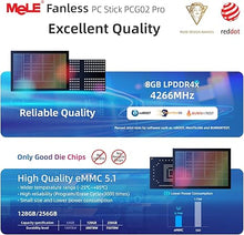 Load image into Gallery viewer, MeLE Fanless Mini PC Stick N100 PCG02 Pro 8GB LPDDR4x 256GB eMMC Micro Computer 2x HDMI 4K WiFi 5 BT5.1 Gigabit Ethernet, Support Linux, PD3.0 Protocol on Industrial IoT Office Digital Signage MES WMS
