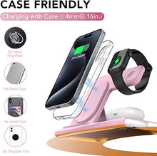 Load image into Gallery viewer, 3 in 1 Foldable Charging Station for Apple Products,Fast Wireless Charger Travel Dock Adapter&amp;Light for iPhone 16/15/14/13/12/11/X/XS,for iWatch 10/9/8/7/Ultra2/Ultra/SE,for AirPods 4/3/2/Pro/2(Pink)
