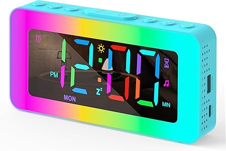 Kids Alarm Clock with Lights, 8 RGB Night Lights with Sleep Aid, Conspicuous Colorful LED Numbers, Slider Dimmer, Snooze, 12/24H, Simple to Operate, Basic Bedside Digital Clock for Kids Elderly