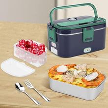 Load image into Gallery viewer, Electric Lunch Box Food Heater, 80W High-Power Food Warmer, 12V 24V 110V 3 in1 Portable Microwave for Car and Home, with Detachable 304 Stainless Steel Container Fork and Spoon(Royal Blue + Green)
