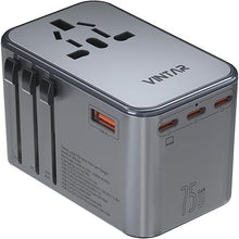 Load image into Gallery viewer, Universal Travel Adapter, VINTAR 75W GaN International Power Adapter with 3 USB C PD and 2 USB A QC, All in One Travel Essentials for UK/EU/USA/AUS, Travel Adapter Worldwide for Laptops Phones, Grey
