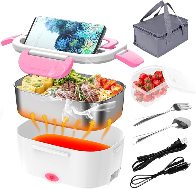 Electric Lunch Box, Food Warmer Heater 12V 24V 110V, 80W Faster Heated Lunch Box for Car/Truck/Home Portable Heating Boxes with 1.5L 304 SS Container Fork & Spoon, White+Pink