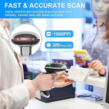 Load image into Gallery viewer, Bluetooth Barcode Scanner, Wireless Bar Code Scanners with Stand 3 in 1 Bluetooth &amp; 2.4G Wireless &amp; USB Wired Connection Qr Code Scanner Handheld 1D&amp;2D&amp;PDF417 Data Matrix Automatic Barcode Reader
