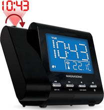 Load image into Gallery viewer, Magnasonic Projection Alarm Clock with AM/FM Radio, Battery Backup, Auto Time Set, Dual Alarm, Nap/Sleep Timer, Indoor Temperature/Date Display with Dimming &amp; 3.5mm Audio Input - Black (EAAC601)
