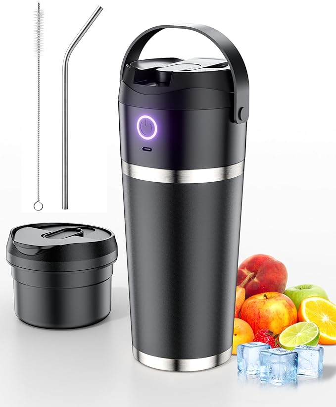 Portable Blender with Insulated Cup, 11.1V high-torque Motor, Stainless Steel Tumbler, Keep Cold 24 Hours, Self-cleaning, USB-C Rechargeable, 20 oz, Travel Lid, Black