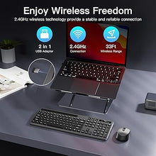 Load image into Gallery viewer, Wireless Keyboard and Mouse Combo, Soueto 2.4G Full-Sized Computer Keyboard with Phone Tablet Holder, 22 Multimedia Shortcuts, Numeric Keypad, 6 Button Silent Mouse for Windows, Mac (Black-Gray)
