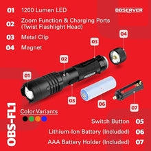 Load image into Gallery viewer, High Lumen Utility Flashlight, Rear Magnet, LED, Rechargeable, Powerbank for Phone, AAA Adapter - Tactical Flashlight, Military Flashlight, Police Flashlight, 1200 Super Bright Lumens
