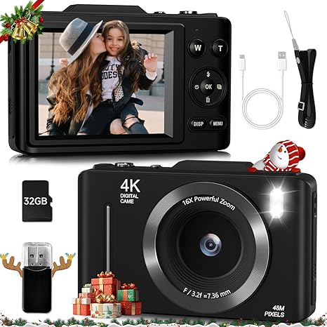 Digital Camera, FHD 4K Kids Camera 48MP Point and Shoot Digital Cameras with 32GB Card, 16X Zoom, 2.8 Inch IPS Screen, Portable Autofocus Small Camera for Teens Boys Girls Beginners Gifts (Black)