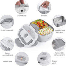 Load image into Gallery viewer, Electric Lunch Box for Car and Home, Work Office - 12V-24V/110V Portable Food Warmer Heater Lunch Box for Men &amp; Adults With 304 Food-Grade Stainless Steel Container 1.5L, SS Fork &amp; Spoon - Grey
