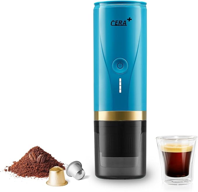 CERA+ Portable Espresso Machine, Self-Heating Electric Coffee Maker, 20 Bar Pressure Compatible with NS Pods & Ground Coffee for Travel, Camping, Office, Home(Blue)