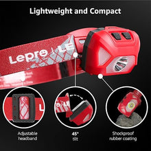 Load image into Gallery viewer, Lepro 320015 Battery Powered Headlamp - 1300Lux Super Bright LED Head Lamp with Red Light, IPX4 Waterproof Headlights for Outdoor Camping, Hiking, Hunting, Power Outages, Emergency, Hurricane - Red
