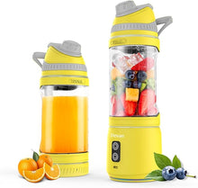 Load image into Gallery viewer, Portable Blender, Anti-Jamming 300 Watt for Shakes and Smoothies, 24oz Travel Blender USB Rechargeable, BPA Free Sporty bottle with a Travel Lid. (Yellow Base Grey Lid)
