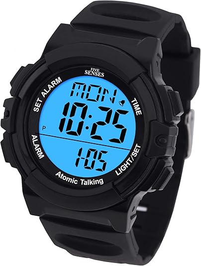 Five Senses Atomic English Talking Watch for Seniors Men and Women Talking with Day-Date Loud Alarm Clock Visually Impaired (Black)