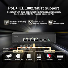 Load image into Gallery viewer, MokerLink 4 Port 2.5G PoE Switch with 2 Port 10G SFP+ Slot, 4 x 2.5G Base-T Ports Compatible with 10/100/1000Mbps, IEEE8023af/at PoE 78W, Metal Unmanaged Fanless Small Network Switch
