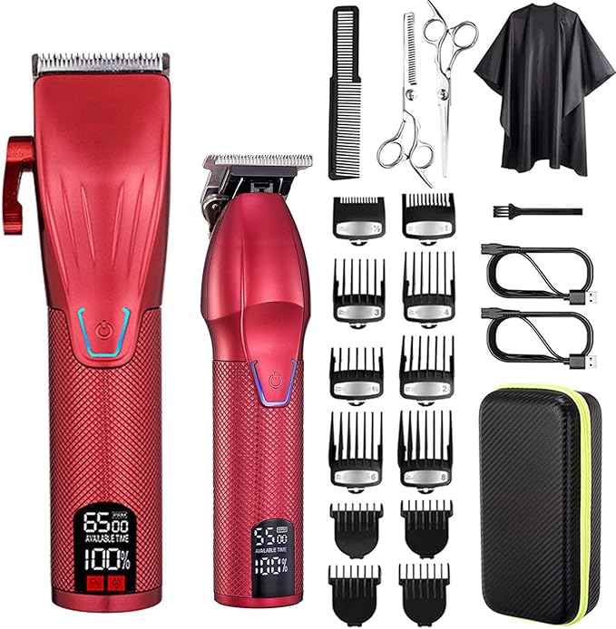 Professional Hair Clippers for Men Electric Beard Trimmer Cordless Barber Clippers for Hair Cutting with T-Blade Edgers Rechargeable Hair Clipper and Trimmer Kit with LED Mens Christmas Gifts (Red)