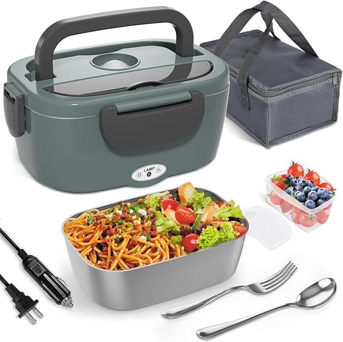 Monteka Electric Lunch Box Food Heater - Leakproof Portable Food Warmer heated lunch box for adults for Car/Home/Truck with 1.5L Removable Stainless Steel Container, 12V/24V/110V, Green