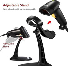 Load image into Gallery viewer, Esky Barcode Scanner with Stand, Wired Handheld Bar Code Scanner with Adjustable Stand, Automatic 1D USB Laser Scanner Support Windows/Mac/Linux for Store, Supermarket, Warehouse, Library
