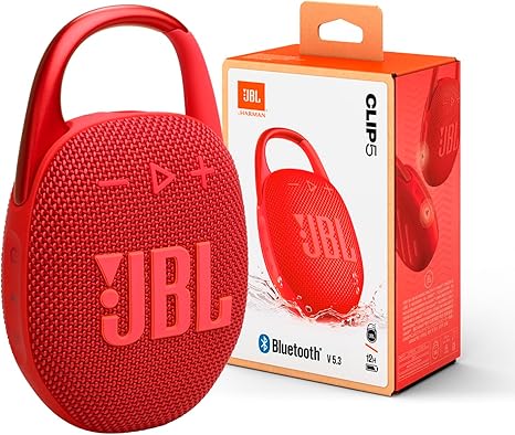 JBL Clip 5 - Ultra-Portable, Waterproof & Dustproof Bluetooth Speaker, Big Pro Sound with Punchy bass, Integrated Carabiner, Up to 12 Hours of Play, Made in Part with Recycled Materials (Red)