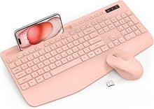 Load image into Gallery viewer, Wireless Keyboard and Mouse Combo - Full-Sized Ergonomic Keyboard with Wrist Rest, Phone Holder, Sleep Mode, Silent 2.4GHz Cordless Keyboard Mouse Combo for Computer, Laptop, PC, Mac, Windows (Pink)
