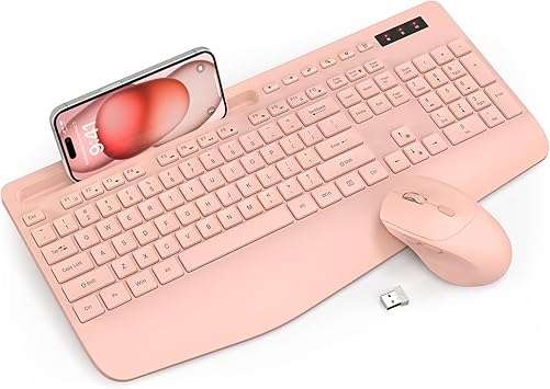 Wireless Keyboard and Mouse Combo - Full-Sized Ergonomic Keyboard with Wrist Rest, Phone Holder, Sleep Mode, Silent 2.4GHz Cordless Keyboard Mouse Combo for Computer, Laptop, PC, Mac, Windows (Pink)