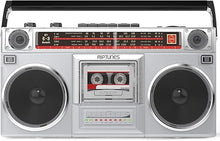 Load image into Gallery viewer, Riptunes Boombox Radio Cassette Player Recorder, AM/FM -SW1/SW2 Radio, Wireless Streaming, USB/Micro SD Slots, Aux in, Headphone Jack, Convert Cassettes to USB/SD, Classic 80s Style Retro, Black
